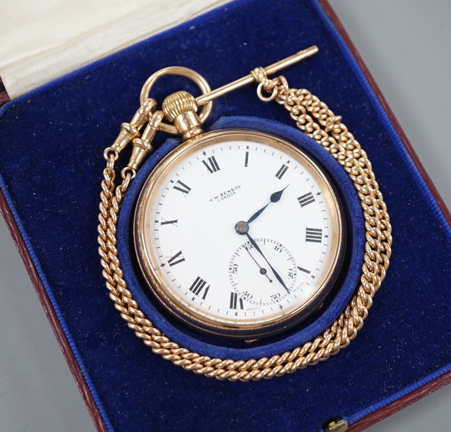 A 9ct gold J.W. Benson open face keyless pocket watch, case diameter 50mm, gross weight 88.8 grams, in J.W. Benson fitted box, on a 9ct albert., 11.8 grams.